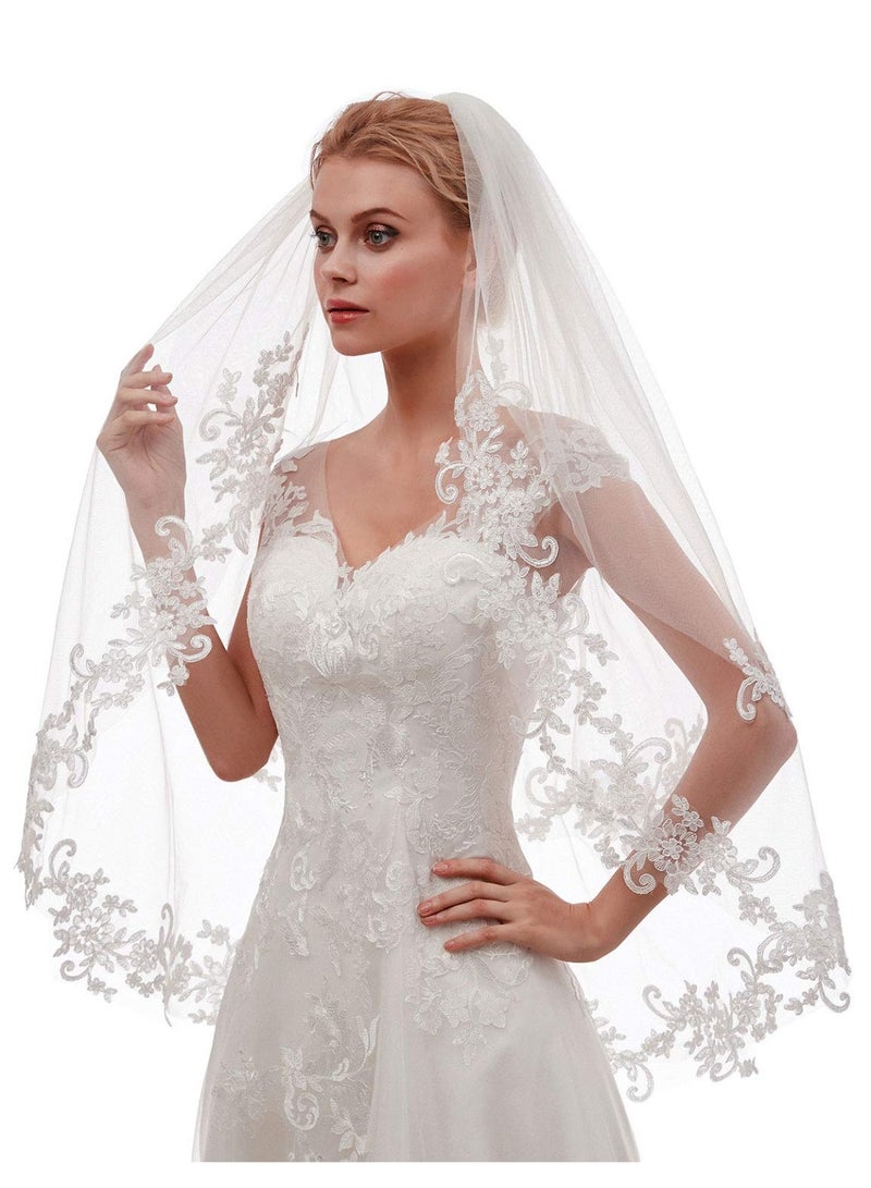 Webefun Women's Short Lace Wedding Bridal Veil With Comb 90cm White Ivory Embroidered Applique Veil for Bridal Party Favors Cosplay Accessories - Image 2